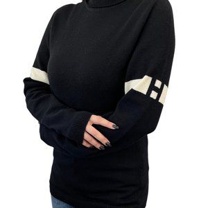 HERMES Vintage H Logo Turtleneck Sweater Top Knit Black White Wool Rank [102308]